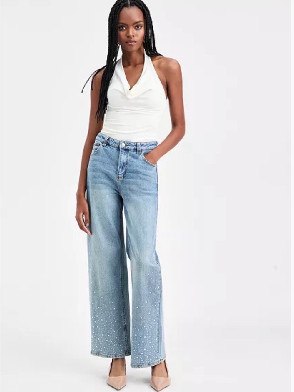 Bar III Women's Rhinestone Embellished Wide-Leg Jeans